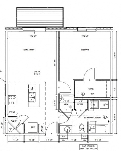 Floor plan for 1 bed, 1 bath, 777 sqft